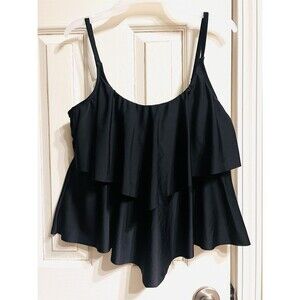 2Bamboo Black Tankini Swim Top Large Cascading Ruffle Adjustable Straps Padded